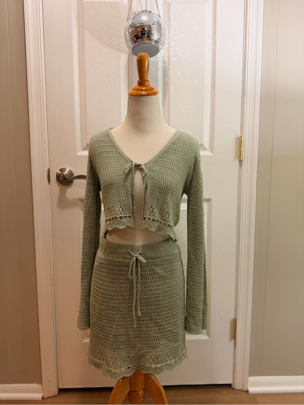 Cropped Knit Pencil Skirt Set - Sage Green